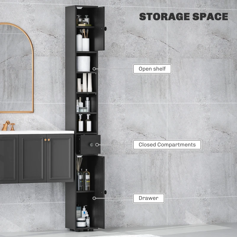 kleankin 180cm Slim Bathroom Cabinet, with Drawer, Shelves and Cupboards - Black