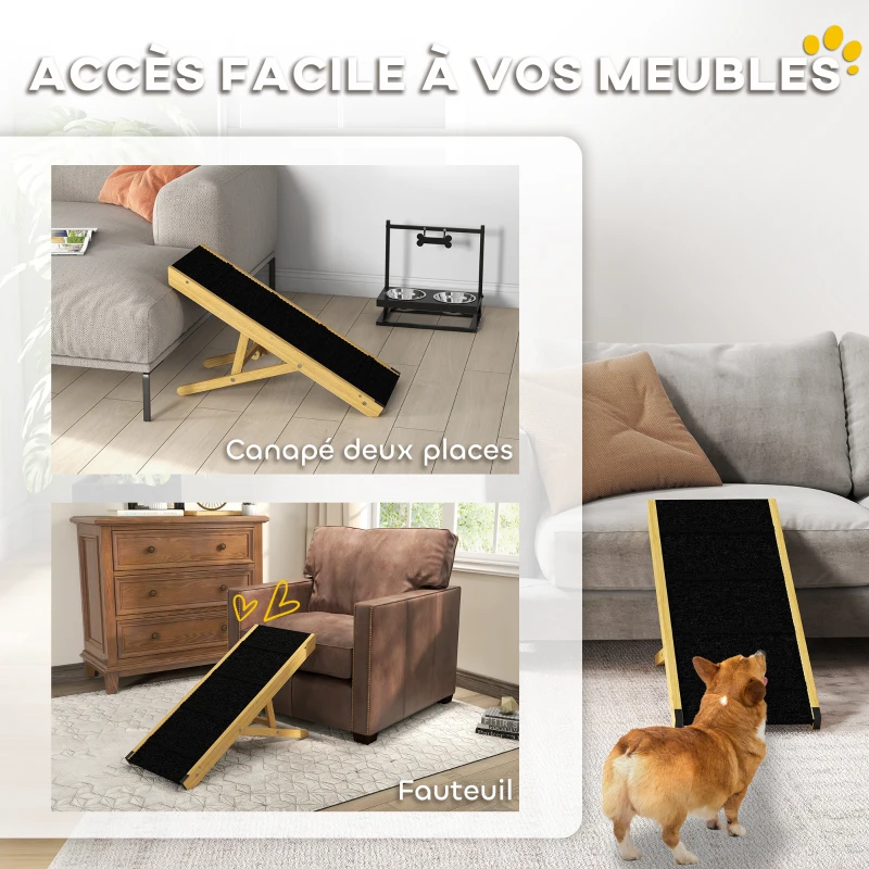 PawHut Rampe pliable pour chiens en bois facile à transporter, 4 hauteurs, 83,5 x 35 x 47,5 cm, bois naturel