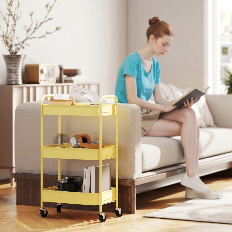 HOMCOM Three-Tier Steel Storage Trolley - Yellow