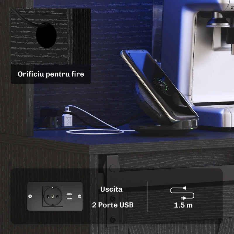 HOMCOM Bufet de Bucătărie cu Suport pentru Sticle, Priză și Iluminare LED, Negru