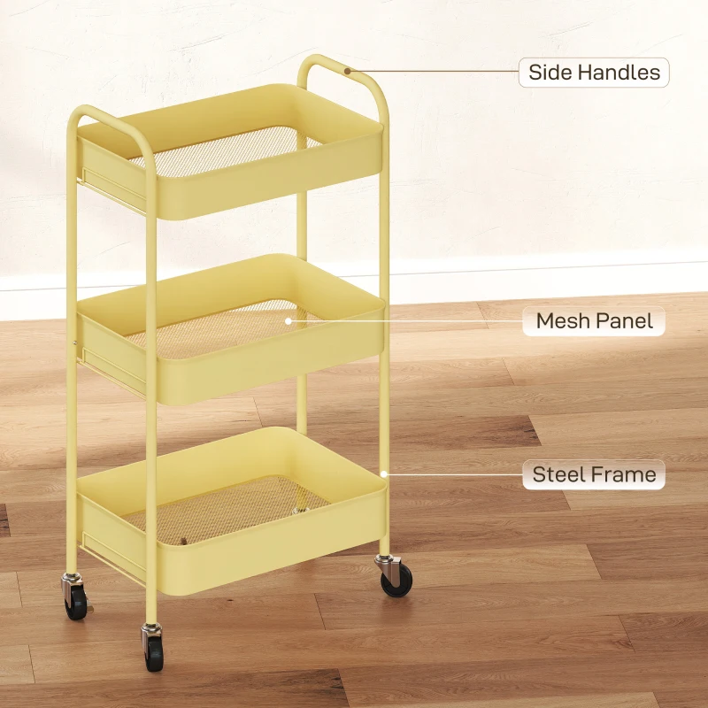 HOMCOM Three-Tier Steel Storage Trolley - Yellow