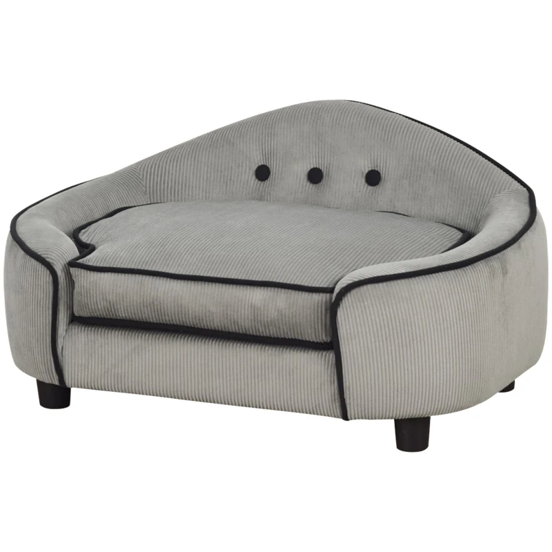 PawHut Cat Sofa, Removable Cushion Lounge Grey 66.5 x 45 x 35.5 cm Modern Corduroy Small Wood Frame