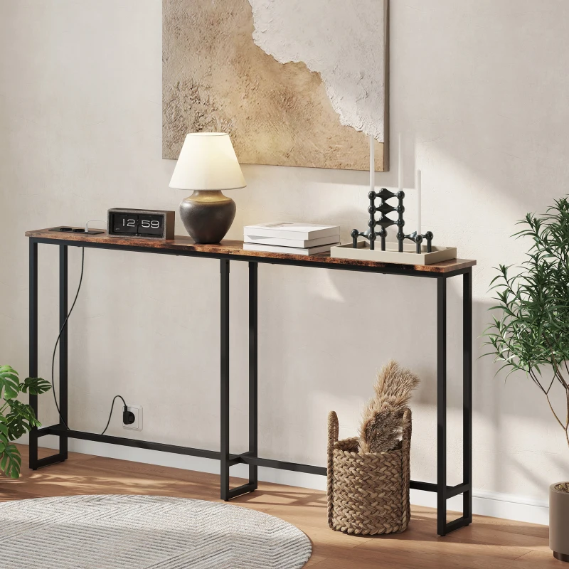 HOMCOM Mesa Consola Estrecha con Estación de Carga Diseño Industrial Estructura de Acero 160x20x80 cm Marrón Rústico