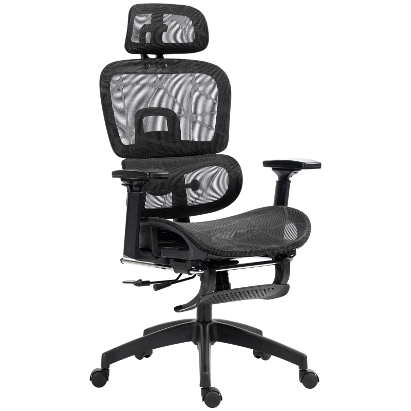 Chaise De Bureau Ergonomique HOMCOM - Soutien Lombaire Dynamique, Accoudoirs 3D, Inclinaison 135°, Repose-pieds
