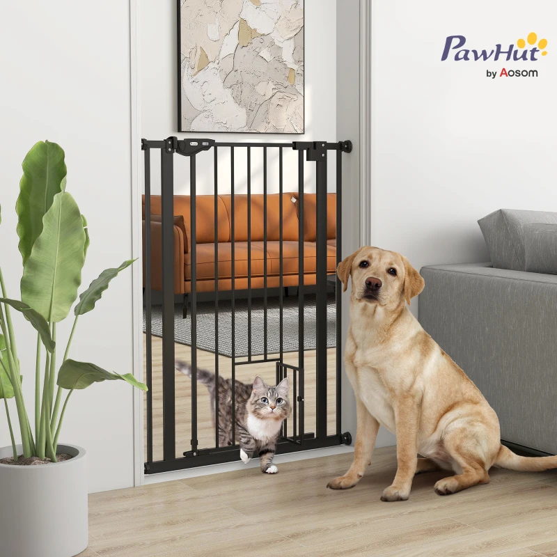 PawHut Extra Tall Pet Gate, Indoor Dog Safety Gate, with Cat Flap, Auto Close, 74-80cm Wide - Black