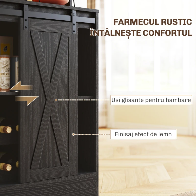 HOMCOM Bufet de Bucătărie cu Suport pentru Sticle, Priză și Iluminare LED, Negru