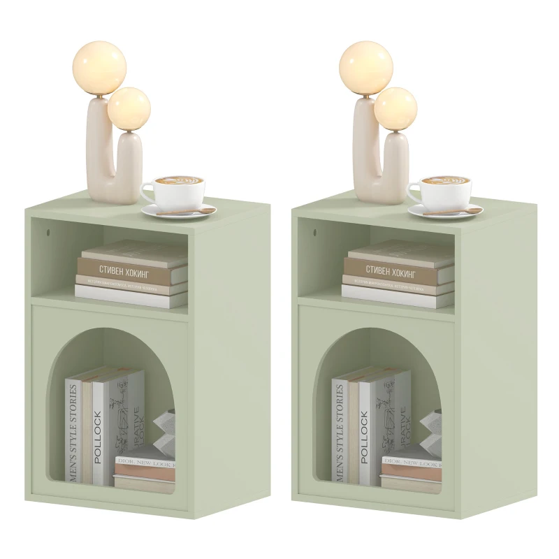 HOMCOM Juego de 2 mesitas de noche mesa de noche con compartimentos abiertos diseño arqueado 40x30x60 cm Verde claro