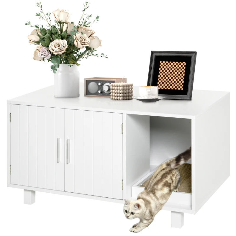 PawHut Wooden Cat Litter Box Enclosure & House with Nightstand/End Table Design, Scratcher, & Magnetic Doors, White