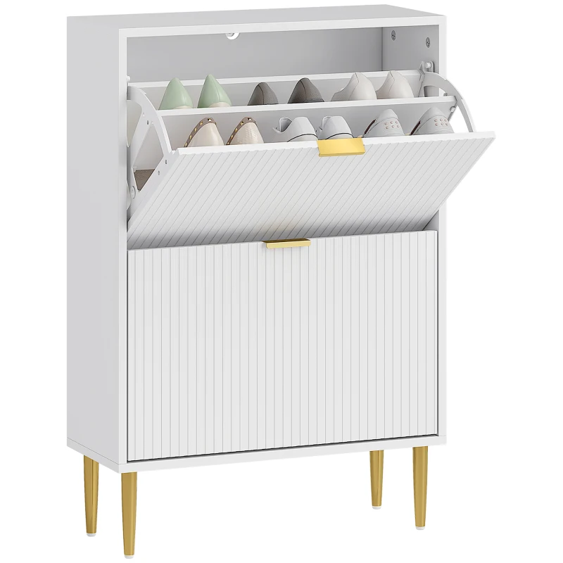 HOMCOM Scarpiera Slim per 12 Paia di Scarpe con 2 Cassetti a Ribalta e Ripiani Regolabili, 60x24x91.5 cm, Bianco