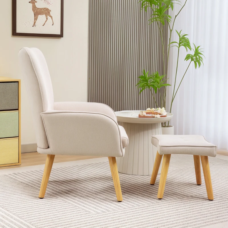 HOMCOM Fauteuil avec Repose-pieds Fauteuil de Lecture avec Haut Dossier Capitoné Pieds en Bois et Revêtement en Lin Beige