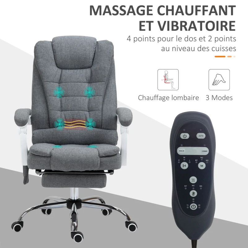 Vinsetto Fauteuil de bureau direction massant chauffant hauteur réglable dossier inclinable toile de lin gris