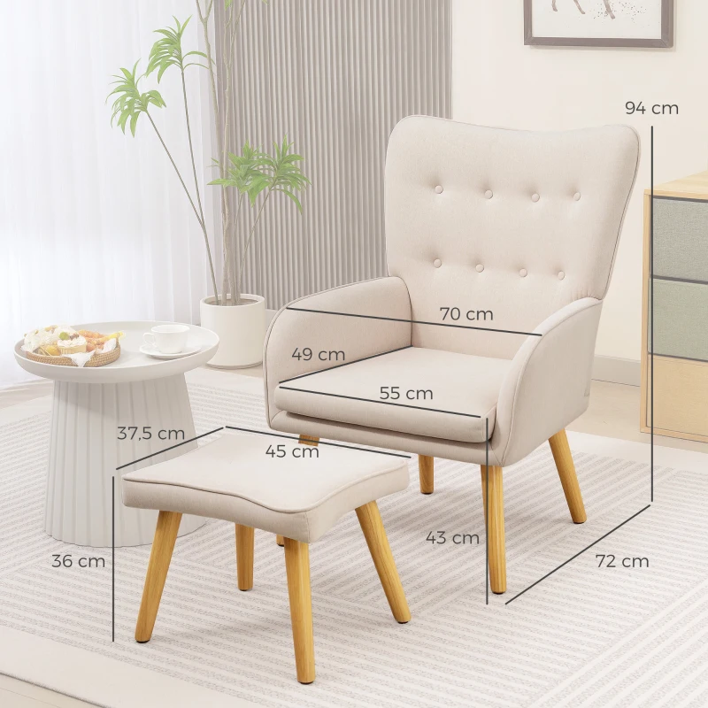 HOMCOM Sillón con Reposapiés Sillón Lectura con Respaldo Alto Capitoné Patas de Madera y Tapizado en Lino Beige