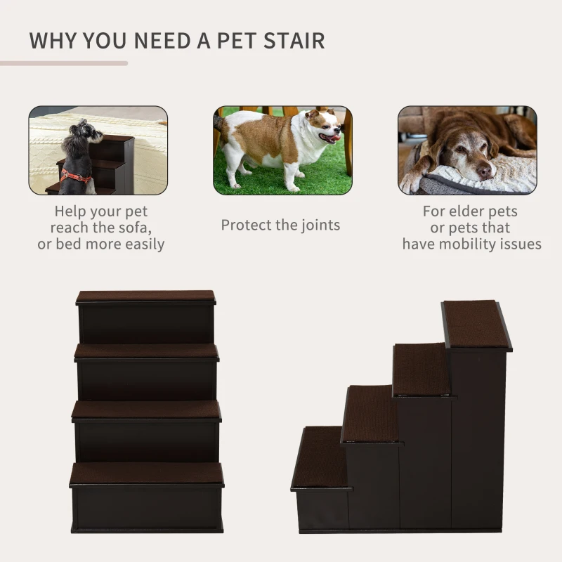 PawHut 4-Step Wooden Pet Stair Pet Steps with Soft Short Plush Cushions Dark Coffee