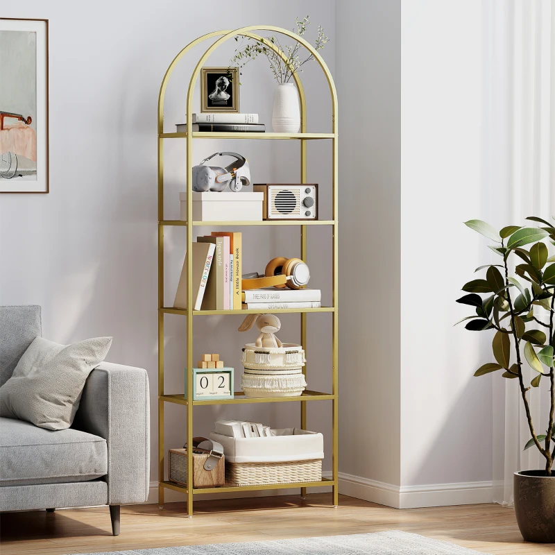 HOMCOM Bibliothèque étagère de rangement en verre à 5 niveaux arqué pour salon, bureau, chambre, 60 x 30 x 175 cm, doré