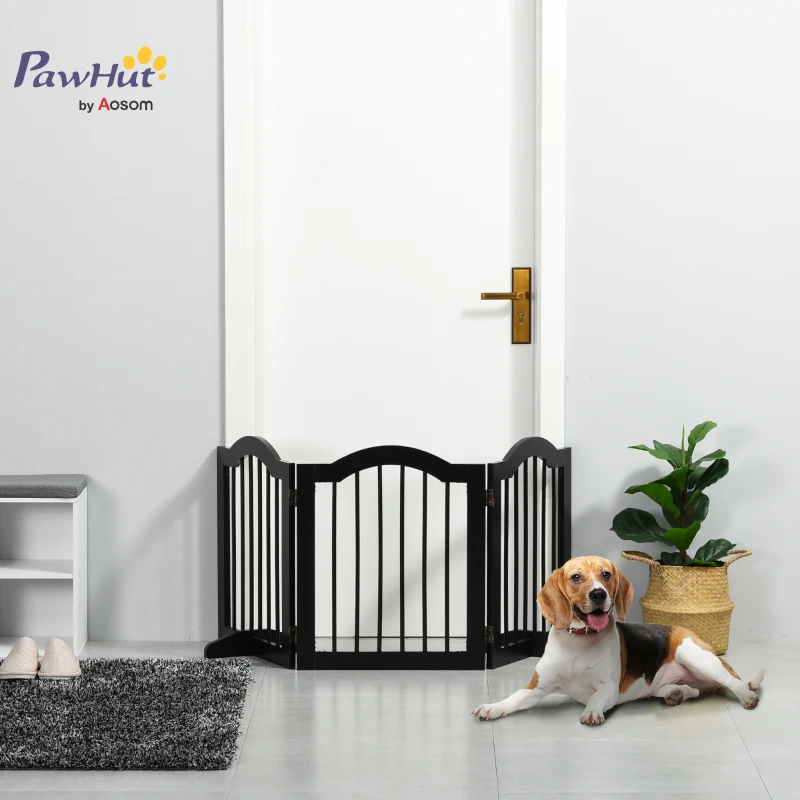 PawHut Freestanding Pet Gate Wooden Dog Gate with Support Feet Foldable Pet Fence Safety Barrier for the House Doorway Stairs Black