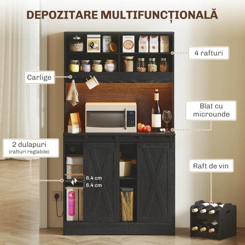 HOMCOM Bufet de Bucătărie cu Suport pentru Sticle, Priză și Iluminare LED, Negru
