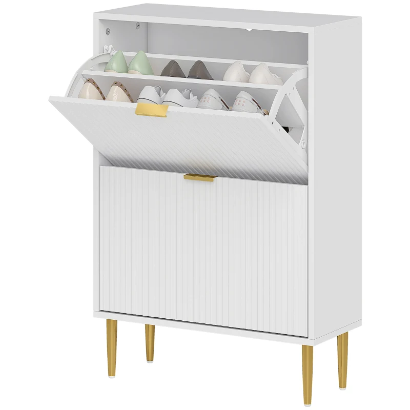 HOMCOM Meuble à chaussures 12 paires avec 2 tiroirs rabattables, portes cannelées et étagères réglables, 60x24x91,5cm, blanc