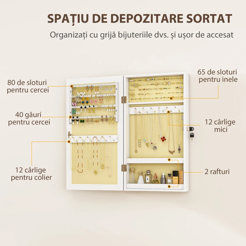HOMCOM Dulăpior Oglindă pentru Bijuterii Montabil pe Perete cu 2 Chei, din MDF, Alb