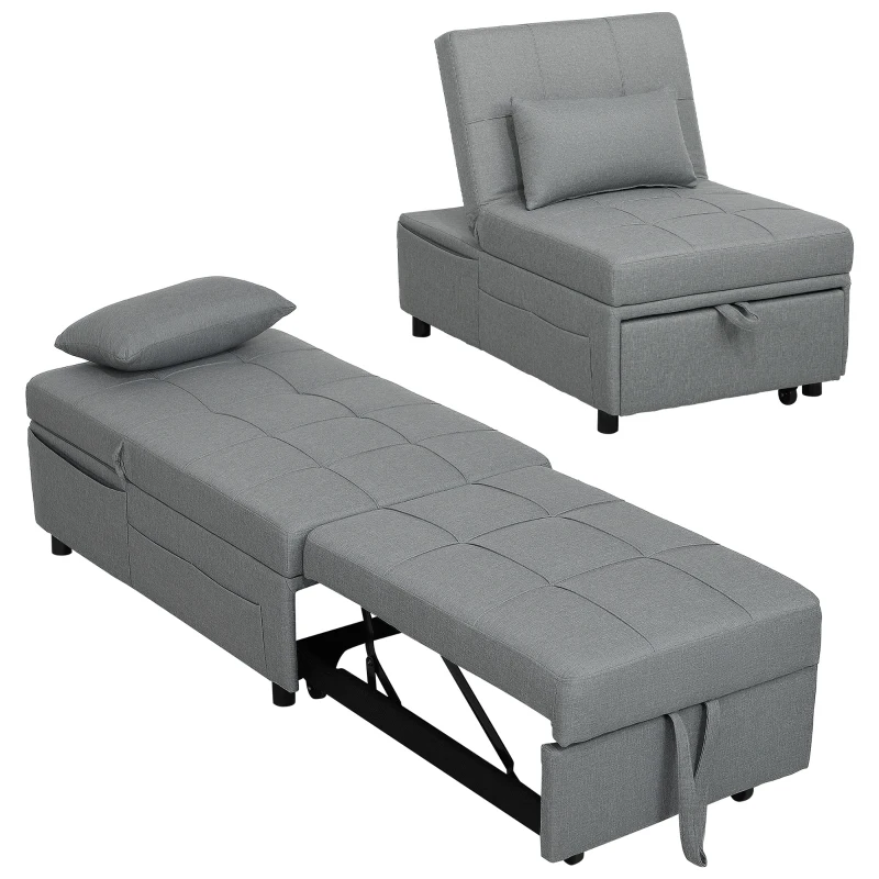 HOMCOM 3-in-1 Klappsessel mit Seitentasche, Gästebett mit Kissen, Verstellbarer Rückenlehne, Bettsessel mit Rollen, Hellgrau(m-10)