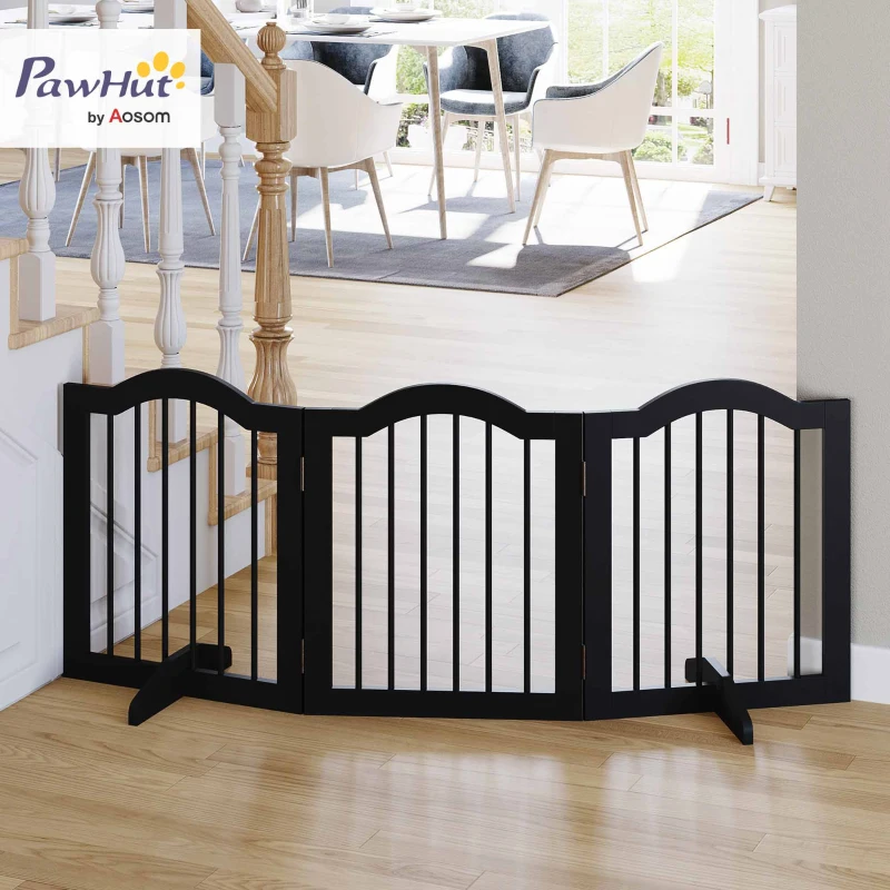 PawHut Freestanding Pet Gate Wooden Dog Gate with Support Feet Foldable Pet Fence Safety Barrier for the House Doorway Stairs Black