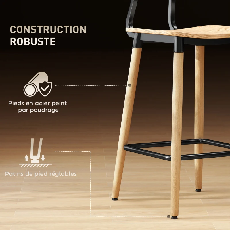HOMCOM Lot de 2 tabourets de bar avec dossier, hauteur réglable et repose-pieds structure en acier hauteur 94 cm, bois naturel