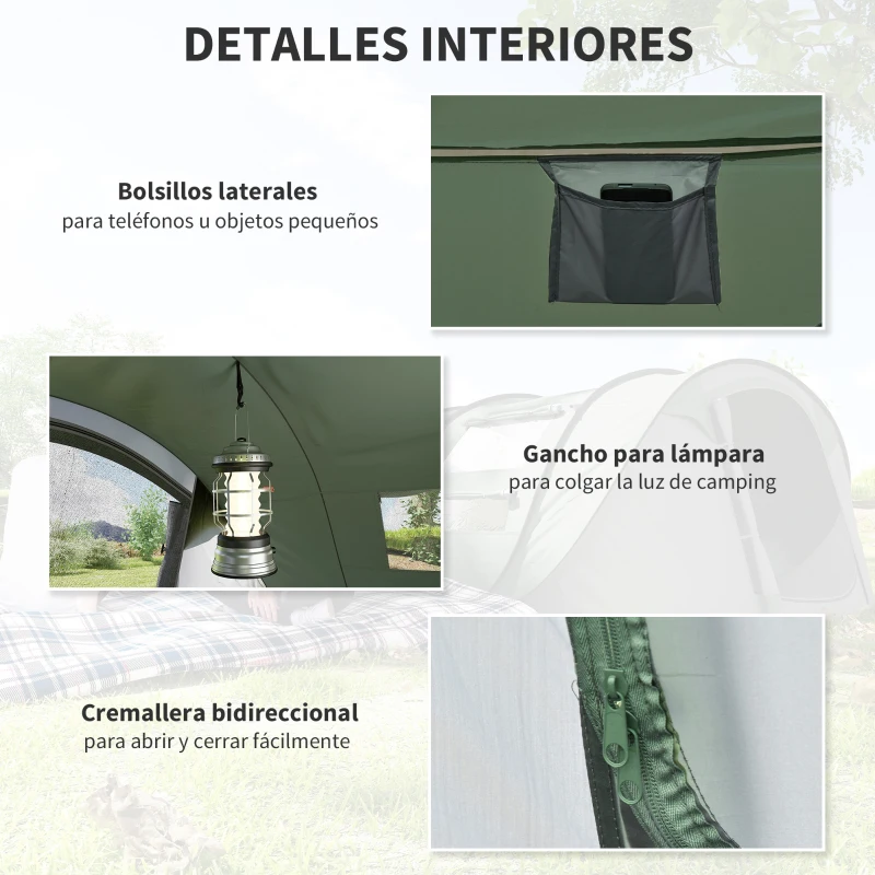 Outsunny Tienda de Camping Pop-up con Ventanas Bolsillos y Bolsa de Transporte Impermeable Anti-UV 263,5x220x123 cm Verde y Gris