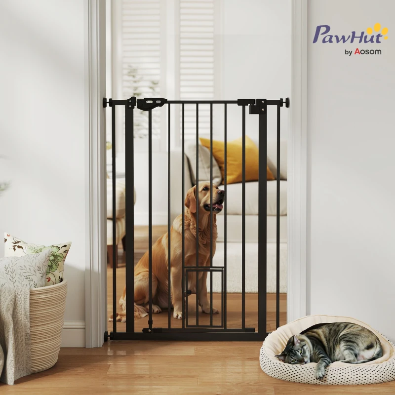 PawHut Extra Tall Pet Gate, Indoor Dog Safety Gate, with Cat Flap, Auto Close, 74-80cm Wide - Black