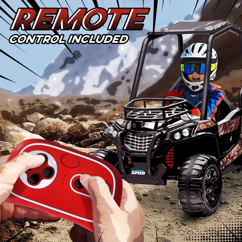 HOMCOM 12V Battery-powered 2 Motors Kids Electric Ride On Car Off-road UTV Toy 3-6 km/h with High Roof Parental Remote Control Music Lights MP3 Suspension Wheels for 3-8 Years Old Black