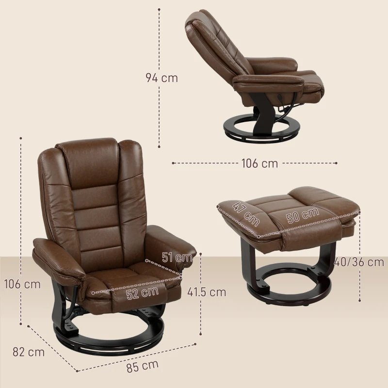 HOMCOM Faux Leather 135° Reclining Chair and Footstool - Brown