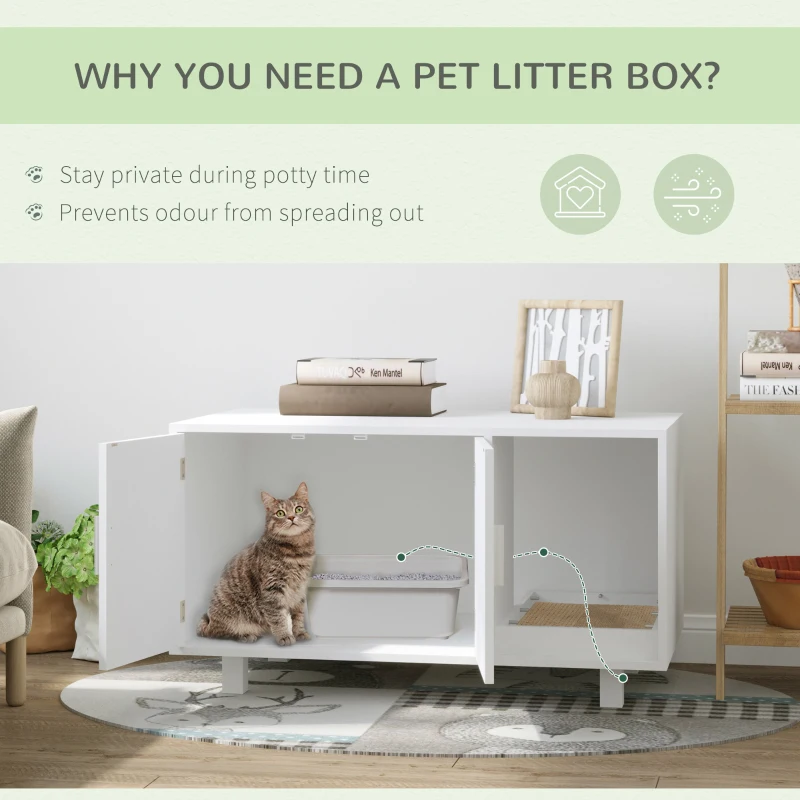 PawHut Wooden Cat Litter Box Enclosure & House with Nightstand/End Table Design, Scratcher, & Magnetic Doors, White