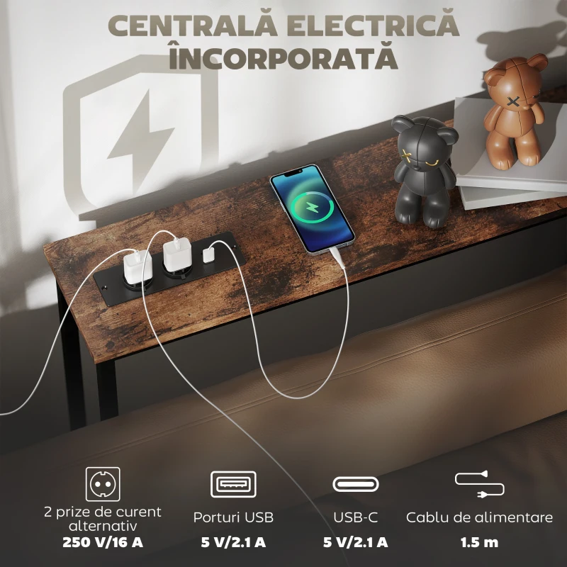 HOMCOM Masă Consolă Industrială cu Stație de Încărcare Maro