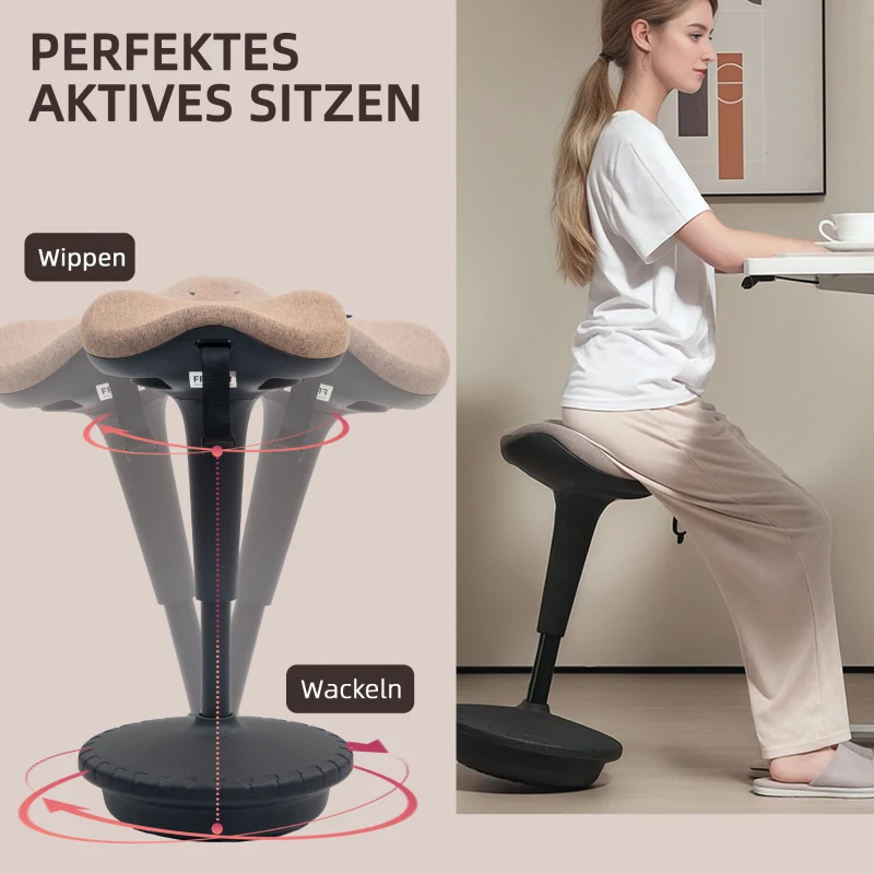 HOMCOM Balancehocker, beweglicher Sitz, drehbarer Bürohocker, höhenverstellbar, ergonomisch, 34 x 34 x 68,5-83,5 cm, Braun(m-4)