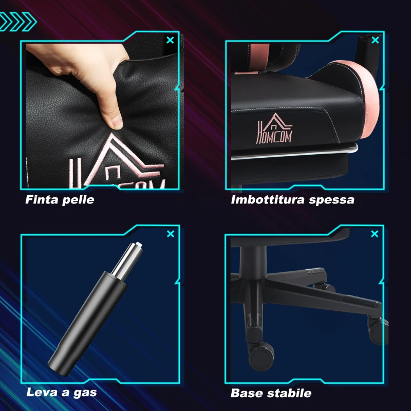 HOMCOM Sedia da Gaming Reclinabile con Poggiapiedi e Cuscini, in Finta Pelle e Spugna, 65x62x116-124 cm, Rosa e Nero