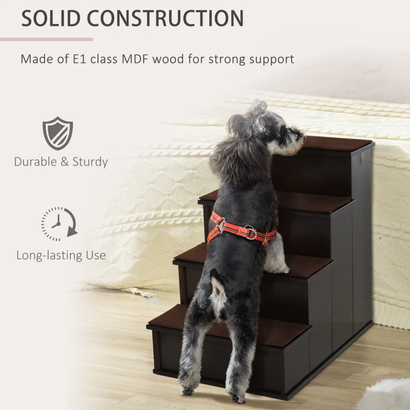 PawHut 4-Step Wooden Pet Stair Pet Steps with Soft Short Plush Cushions Dark Coffee