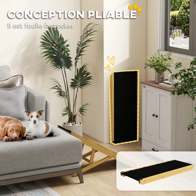 PawHut Rampe pliable pour chiens en bois facile à transporter, 4 hauteurs, 83,5 x 35 x 47,5 cm, bois naturel