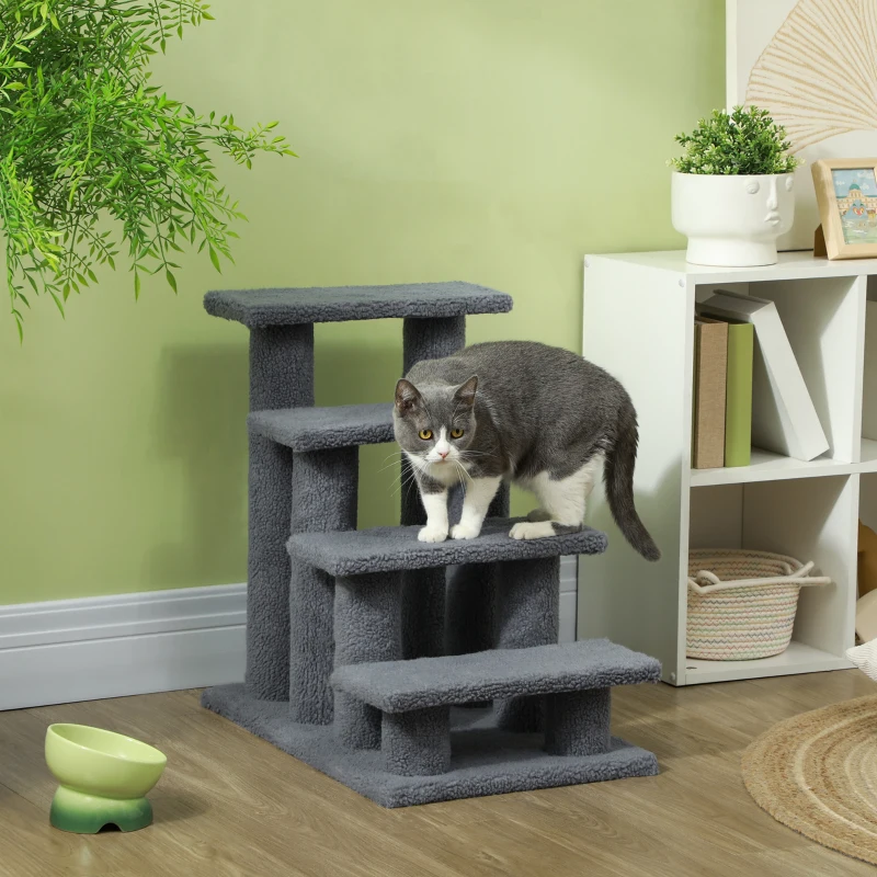 PawHut Pet Stairs 4 Steps for Sofa Tall Bed Dog Cat Little Older Animal Climb Ladder Portable Pet Access Assistance 63.5x43x60cm Grey