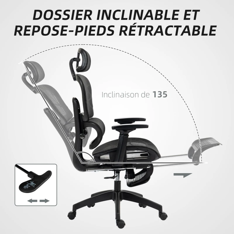 HOMCOM Fauteuil de bureau, chaise de bureau ergonomique en maille avec accoudoirs 3D, dossier inclinable, 66x64x122 cm, noir