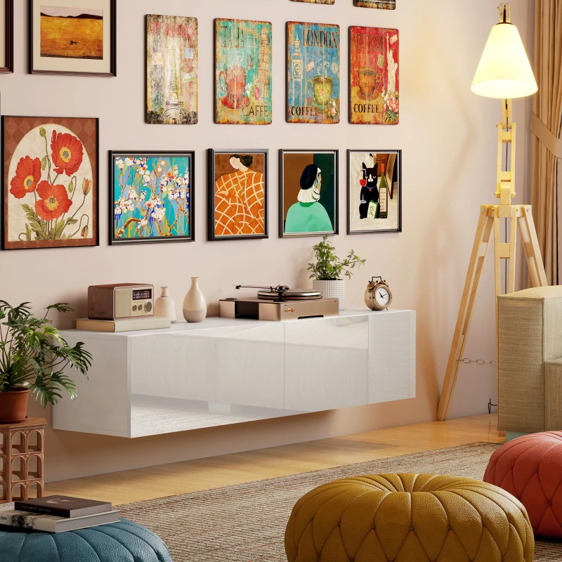 HOMCOM Dulap TV Suspendat pentru Televizoare de 45"-55"-65" cu 2 Dulapuri, Alb