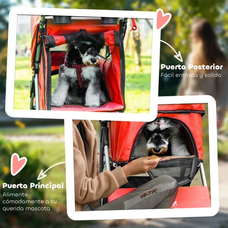 PawHut Carrito para Perros con Toldo Ajustable Cesta de Almacenaje y Ruedas con Freno Tela Oxford 75x46x94 cm Rojo