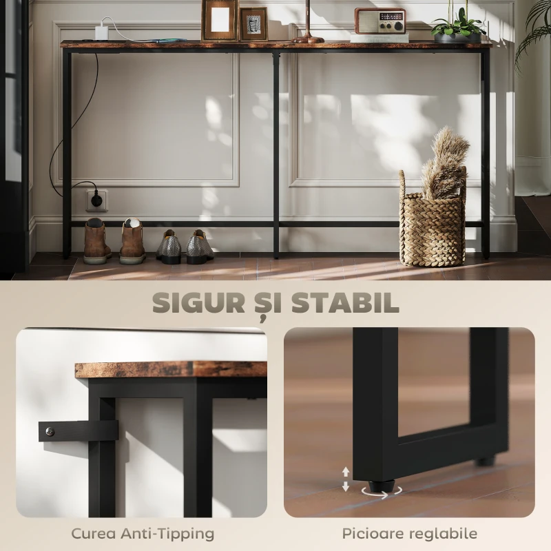 HOMCOM Masă Consolă Industrială cu Stație de Încărcare Maro