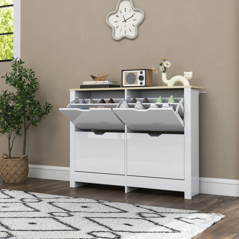 HOMCOM Meuble à chaussures 16 paires, armoire à chaussures étroite avec 4 tiroirs rabattables et étagères réglables, style moderne, pour couloir, entrée, 105 x 26 x 80 cm, blanc et chêne