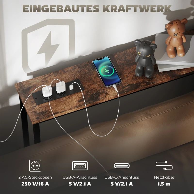 HOMCOM Schlanker Konsolentisch mit Ladestation, Industriestil, Stahlrahmen, Braun