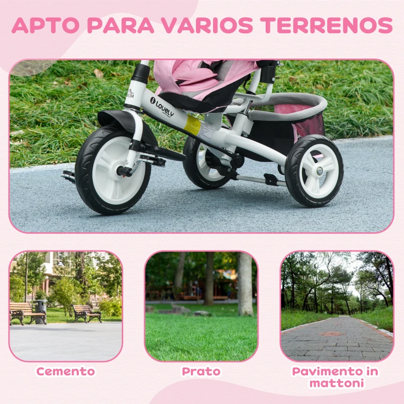 HOMCOM Triciclo para Bebés de +12 Meses con Mango de Empuje Telescópico y Desmontable Bolso para Mamá y Portabotellas Rosa