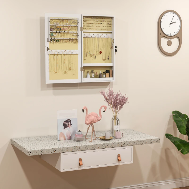 HOMCOM Dulăpior Oglindă pentru Bijuterii Montabil pe Perete cu 2 Chei, din MDF, Alb