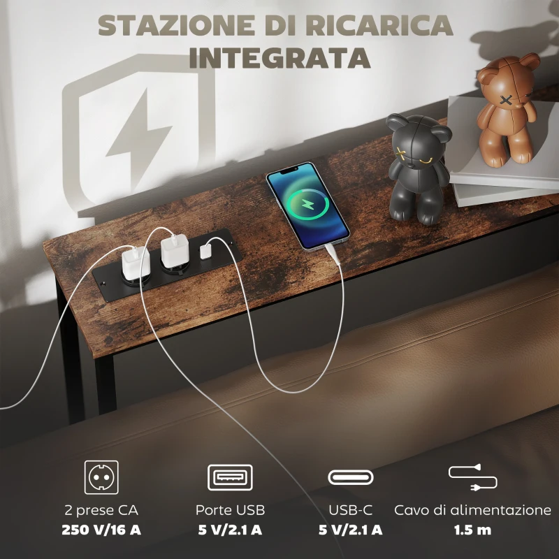 HOMCOM Tavolo Consolle in Stile Industriale con Stazione di Ricarica, in Legno e Acciaio, 160x20x80 cm, Marrone