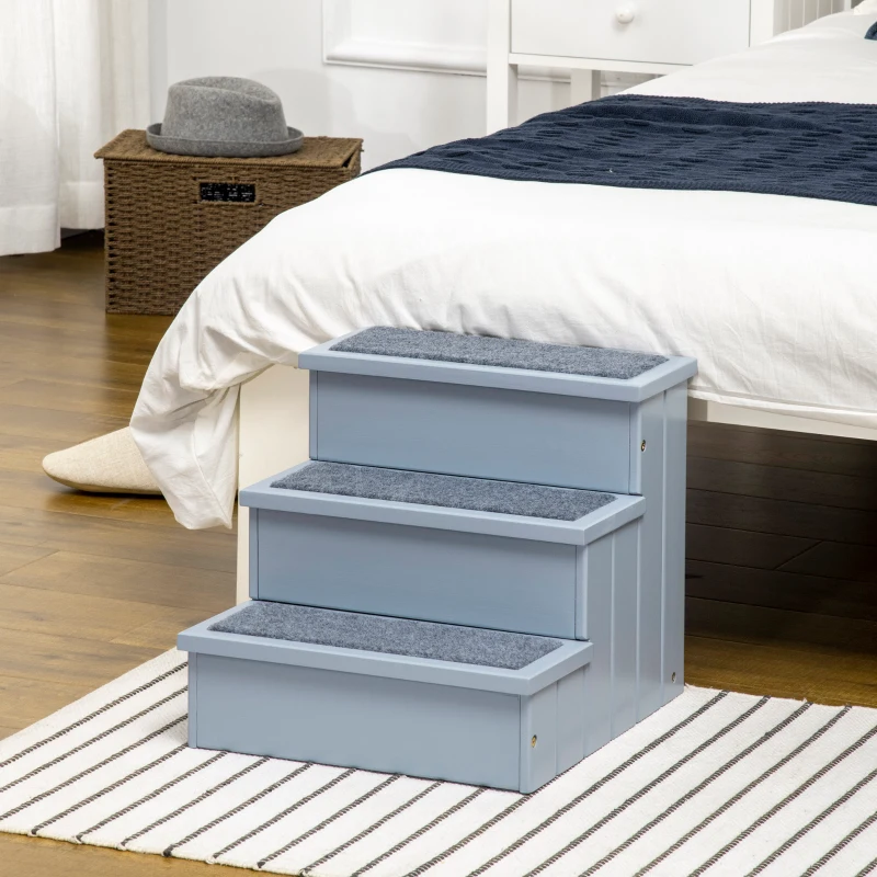 PawHut 3 Step Wooden Dog Steps Pet Stairs for Dogs, Cat Ladder for Bed Couch with Storage Grey