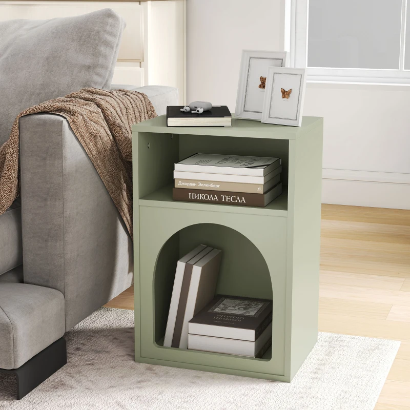 HOMCOM Juego de 2 mesitas de noche mesa de noche con compartimentos abiertos diseño arqueado 40x30x60 cm Verde claro