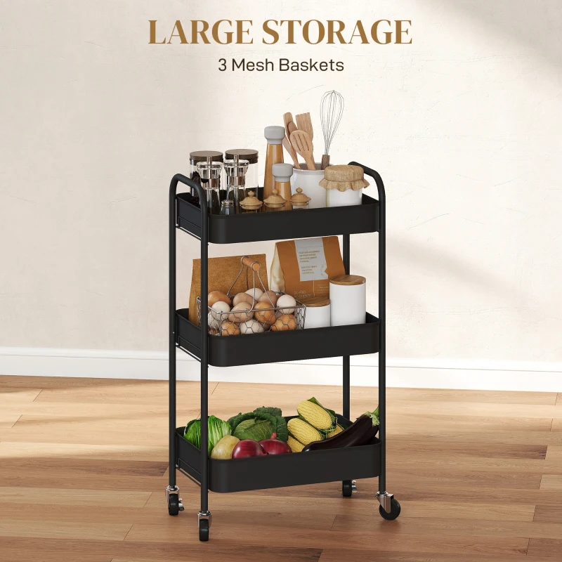 HOMCOM Three-Tier Steel Storage Trolley - Black