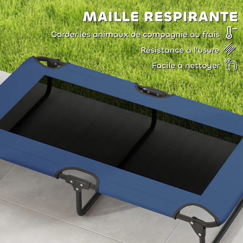 PawHut Lit surélevé pour chiens pliable rafraîchissant, lit de camp pour animaux en maille respirante 107x61x20cm bleu foncé