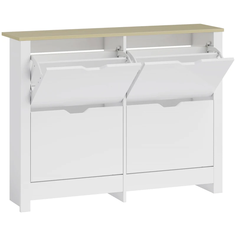 HOMCOM Meuble à chaussures 16 paires, armoire à chaussures étroite avec 4 tiroirs rabattables et étagères réglables, style moderne, pour couloir, entrée, 105 x 26 x 80 cm, blanc et chêne